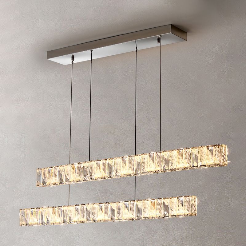 2 Light Linear Island Lights Modernism Crystal Island Light Fixtures in Silver Finish