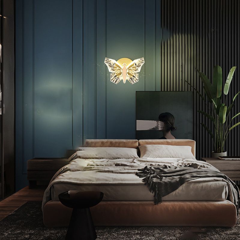Gold Modern Metal Wall Sconce Butterfly Shape Wall Light with Glass Shade for Living Room
