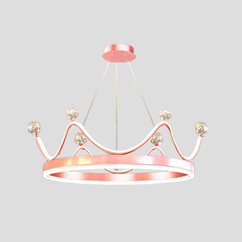 Metallic Crown Hanging Pendant Nordic Style LED Chandelier Lighting with Clear Crystal Bead Decor in Pink/Gold