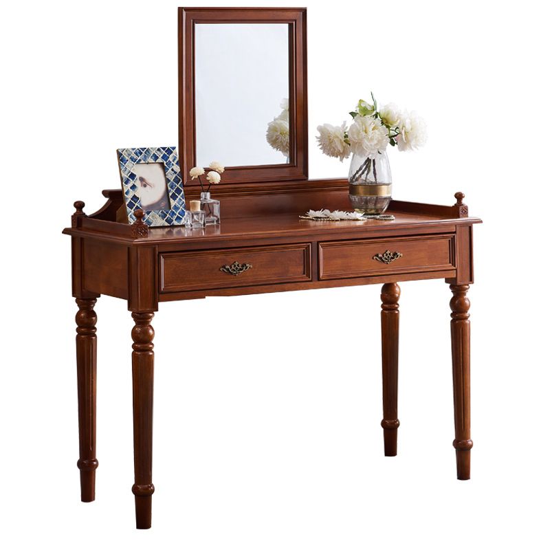 17.71" Wide Solid Wood Vanity Set with Stool Set Brown Dresser with 2-Drawer and Mirror