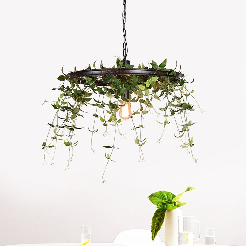 Black Wheel Hanging Lamp Kit Farmhouse Metal 12.5"/15" W 1-Head Restaurant Suspension Pendant Light with Plant Deco