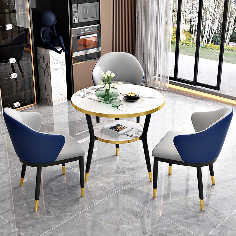 Glossy White Stone Dining Table Set 1/2/4 Pcs Glam Dinette Set with Leather Chairs