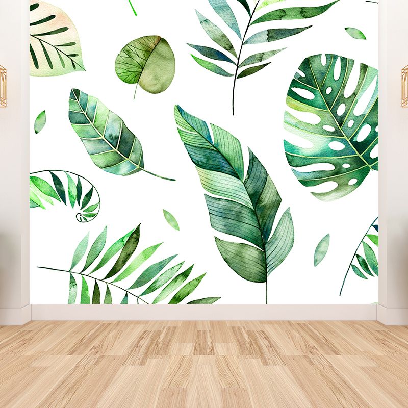 Green Diverse Leaves Wall Mural Moisture Resistant Tropical Living Room Wall Covering