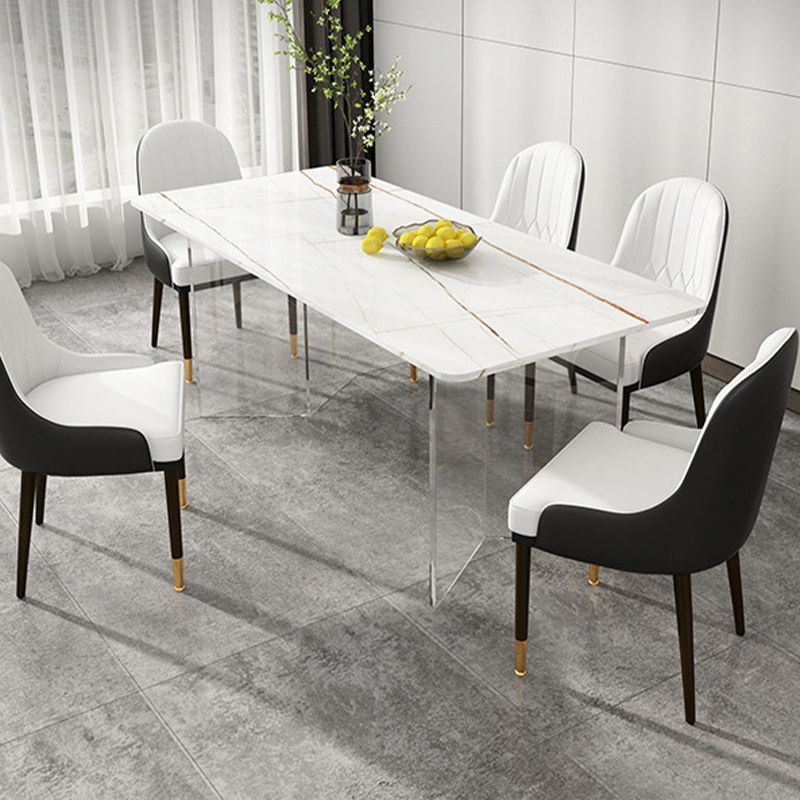Eettafel met stenen blad Eigentijdse rechthoekige eettafel met dubbel voetstuk