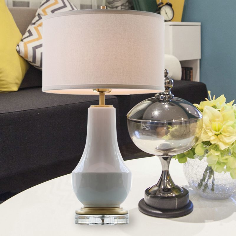 White Drum Table Light Modernist 1 Bulb Fabric Night Lighting with Vase Ceramic Base