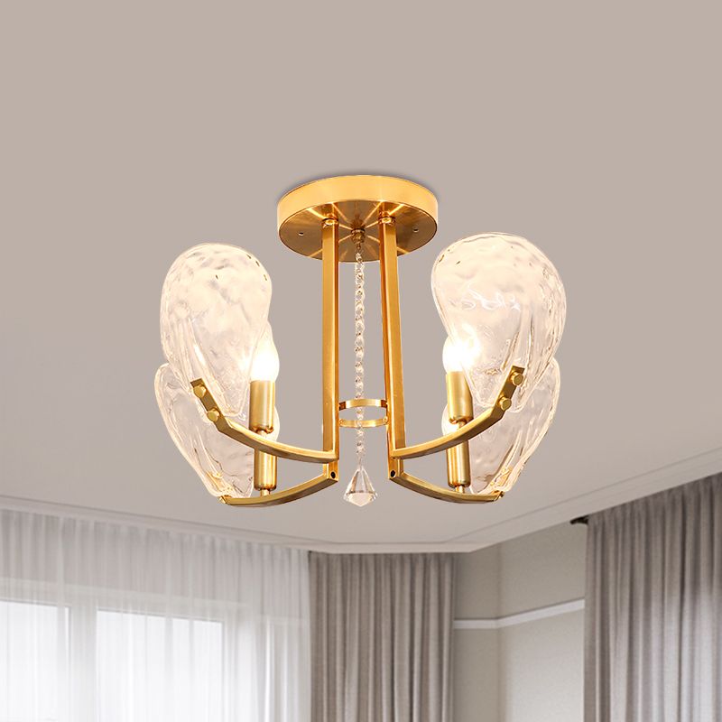4 Bulbs Metal Semi Mount Lighting Contemporary Gold Candle Sleeping Room Ceiling Flush with Crystal Petal Shade