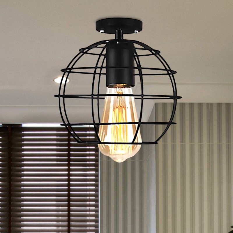 Plafonnier semi-encastré en fer Global/Barrel avec protection en fil de style ferme, plafonnier à 1 lumière pour café, noir