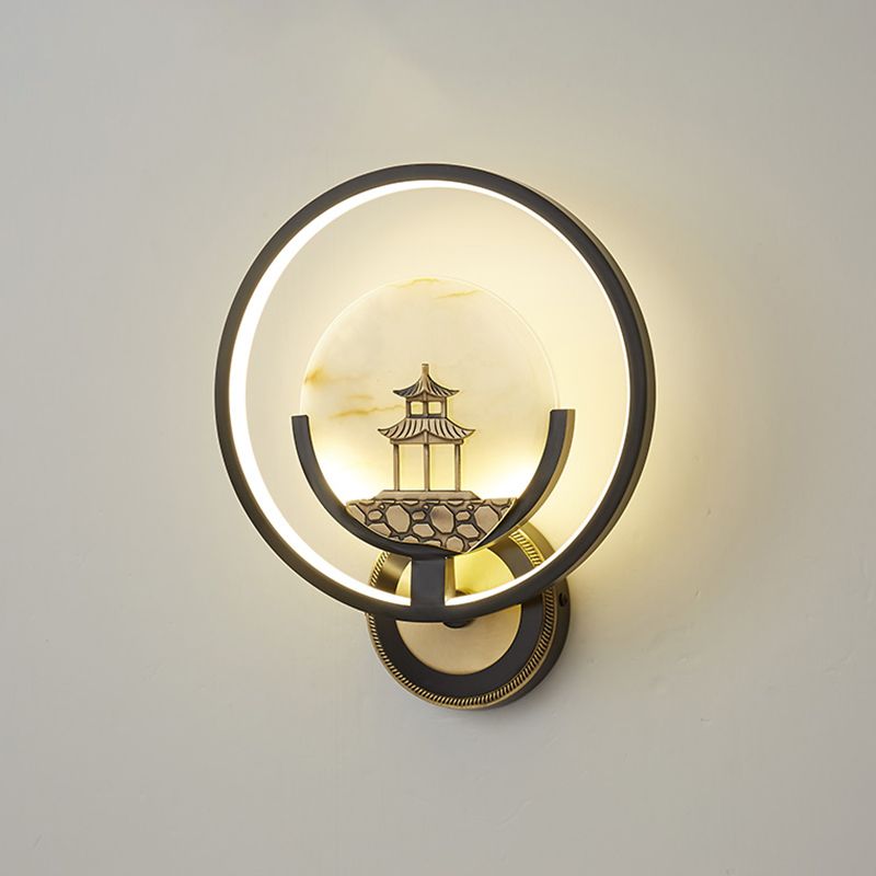 New Chinese Style Jade Wall Light Circle Shape Wall Lamp with Acrylic Shade for Bedroom