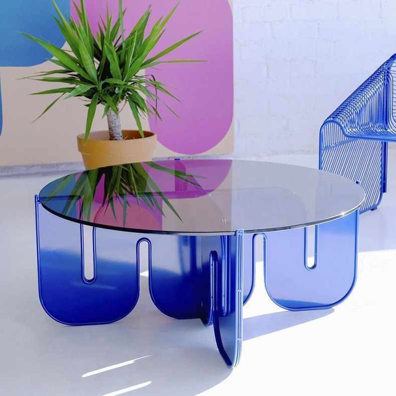 Round Glass Top Coffee Table with Cross Acrylic Base Cocktail Table