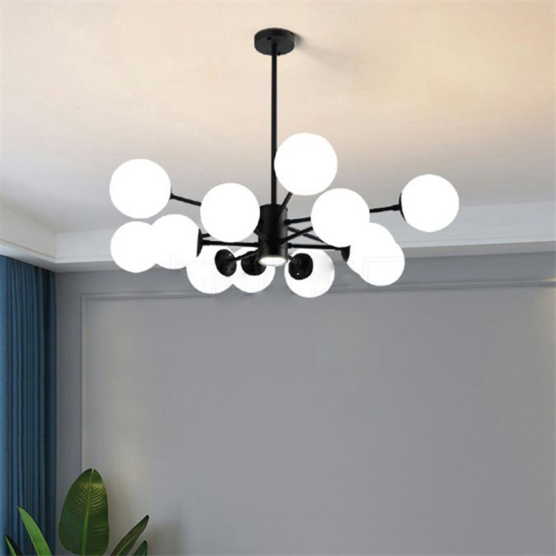 Nordic Globe Chandelier Black Multi Light Hanging Light with White Glass for Bedroom
