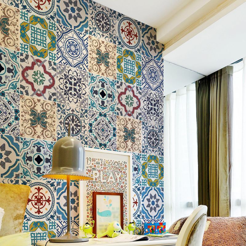 Floral Mosaic Tile Wallpaper Panels Bohemia Smooth Adhesive Wall Covering in Purple