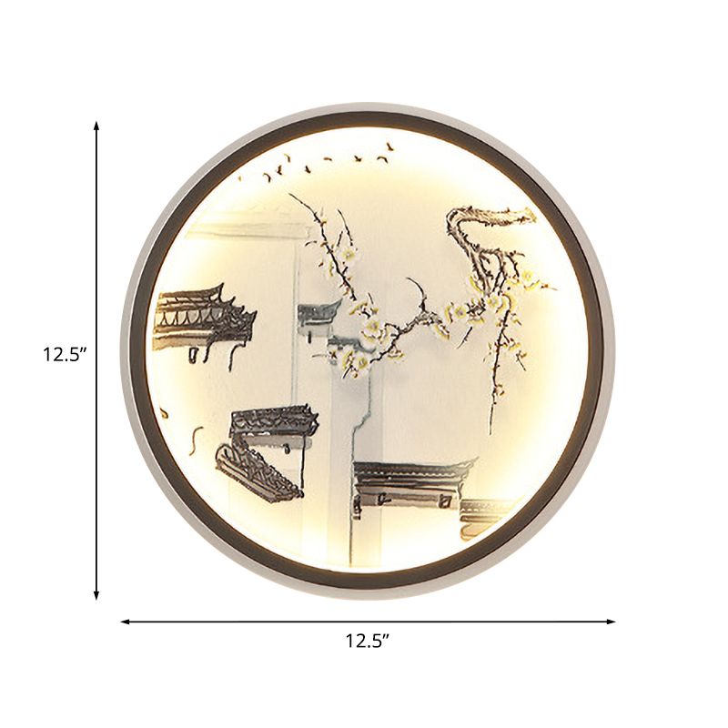 Chinese Ancient Town Metal Mural Light LED Flush Mount Wall Sconce in Black for Living Room