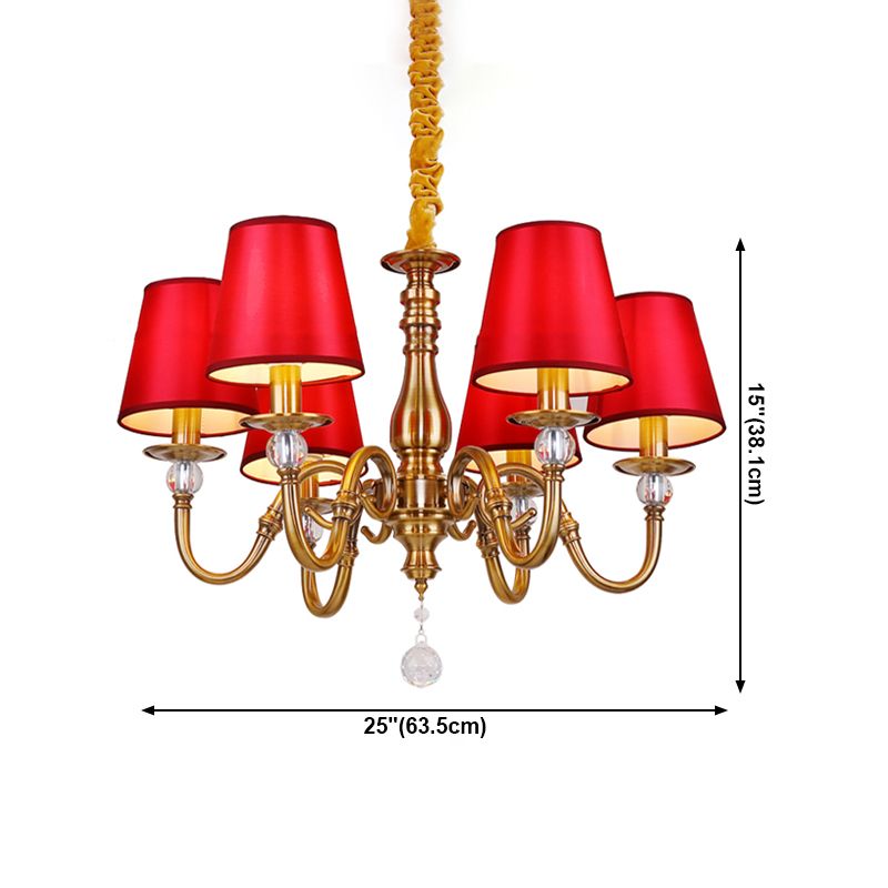 Fabric Red and Brass Chandelier Conical Country Style Pendant Light for Living Room