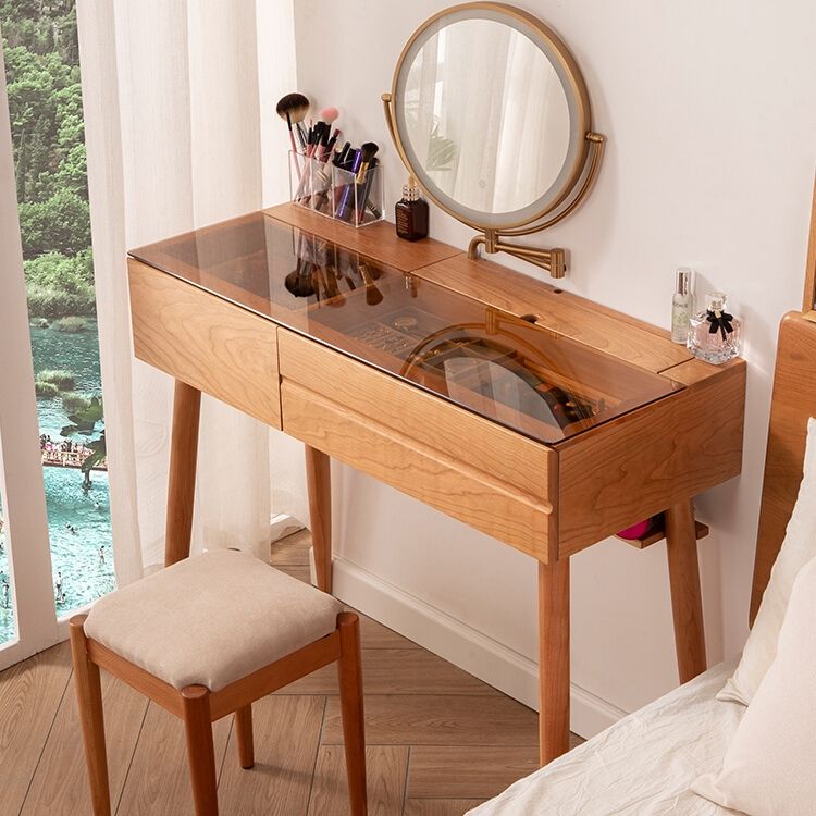Wood and Glass Makeup Vanity Set With Mirror Standing Vanity Table