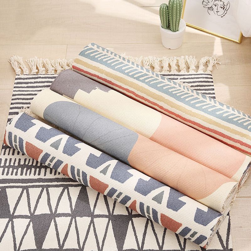 Multi-Color Moroccan Rug Polypropylene Geo Print Carpet Stain-Resistant Rug with Tassel for Bedroom