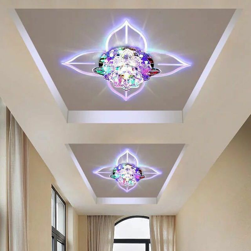 Contemporary Floral Flush Ceiling Light Crystal Corridor LED Flush Mount Lighting Fixture in Clear