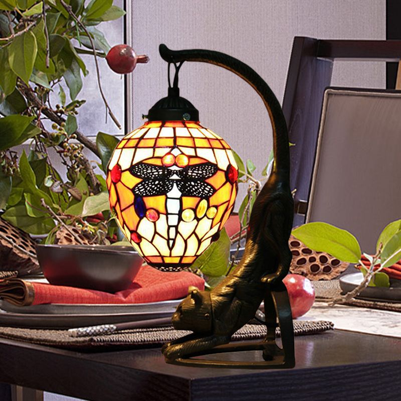 Cut Glass Dragonfly Desk Lighting Baroque Style 1 Light Red/Green Cat Table Light for Bedroom