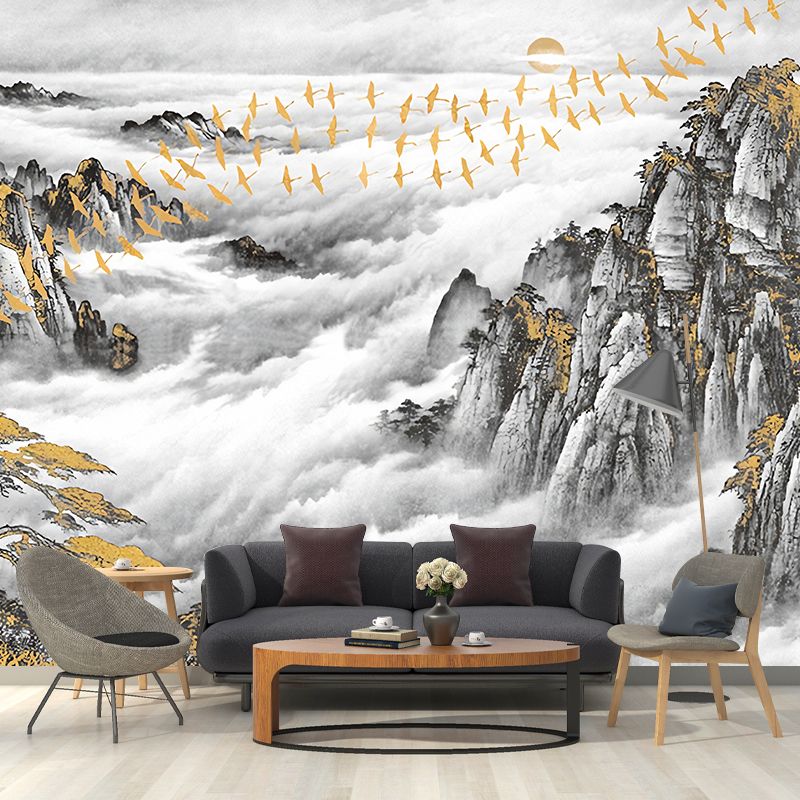 Full Size Traditional Wall Decor Gold and Grey Mountain and Bird Mural Wallpaper, Custom-Printed
