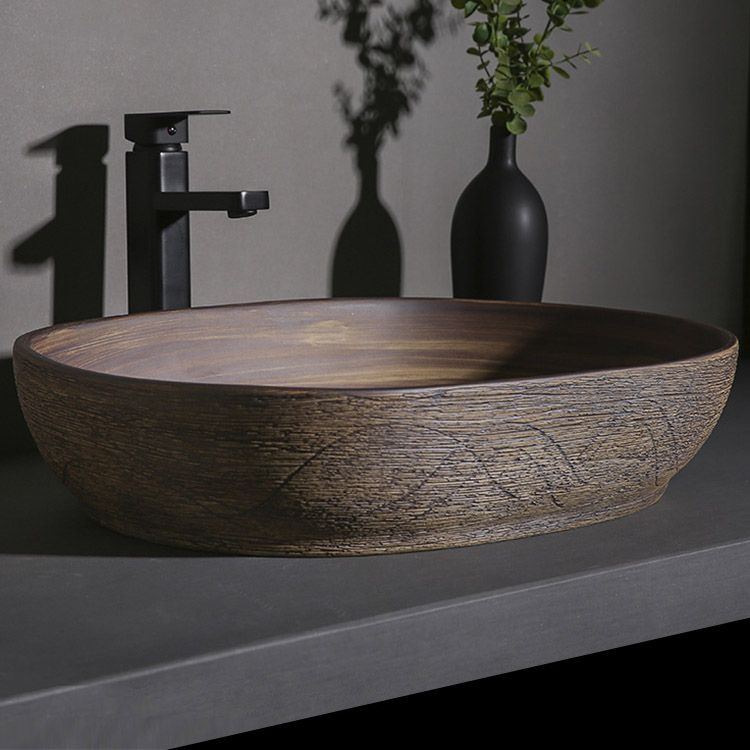 Traditional Bathroom Sink Porcelain Oval-Shape Vessel Lavatory Sink with Pop-Up Drain