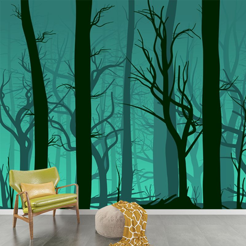 Night Bare Trees Wall Mural Green Artistry Wall Decoration for Bedroom, Custom Printed