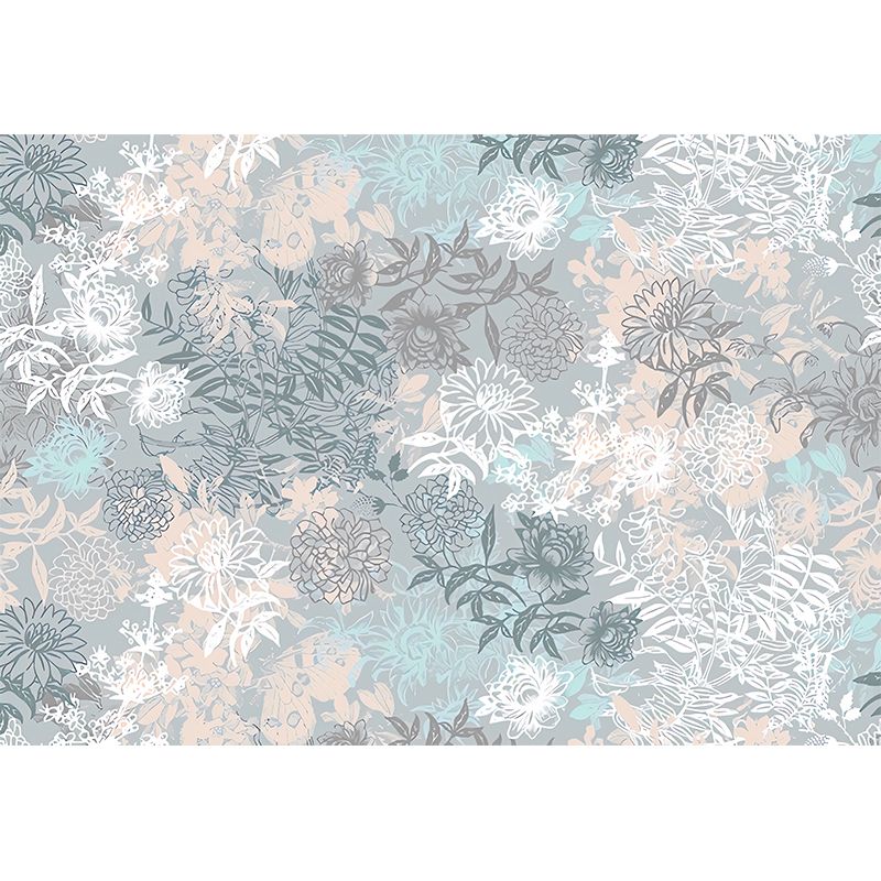 Full Illustration Blossoming Flower Mural for Bedroom in Grey, Customized Size Available
