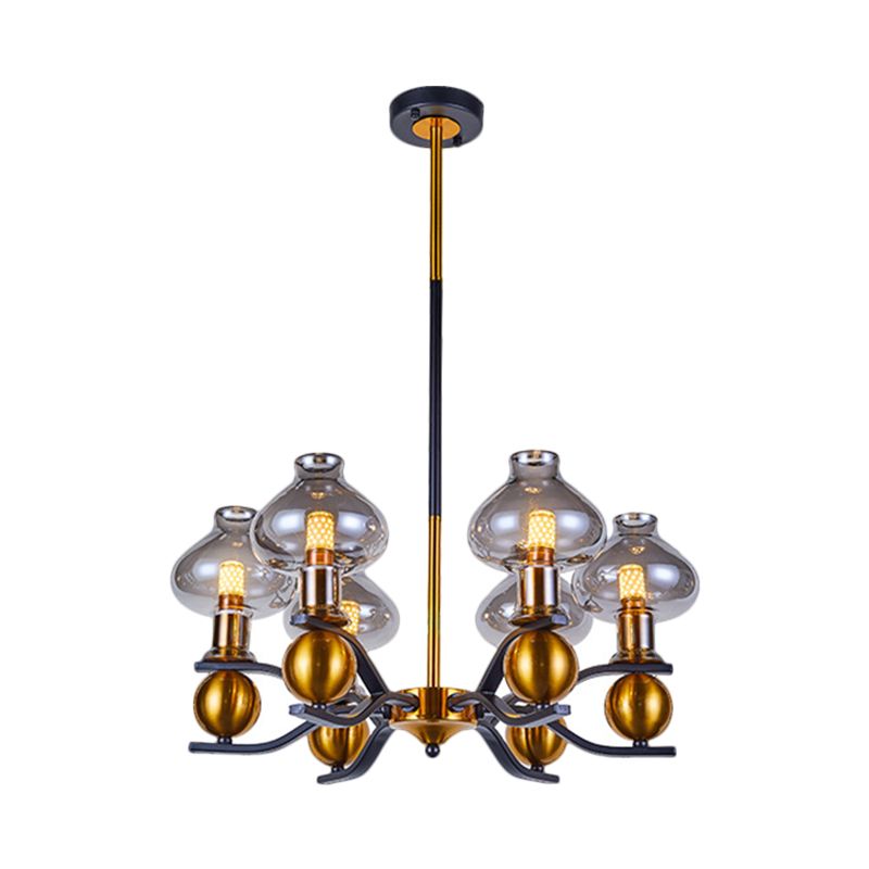 Eenvoud Jar vorm hangende kroonluchter rookgrijs glas 6/8-bulb woonkamer verlichting met gebogen arm in zwart en goud
