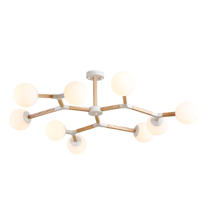 Living Room Chandelier Wooden Macaron Suspension Light with White Glass Shade