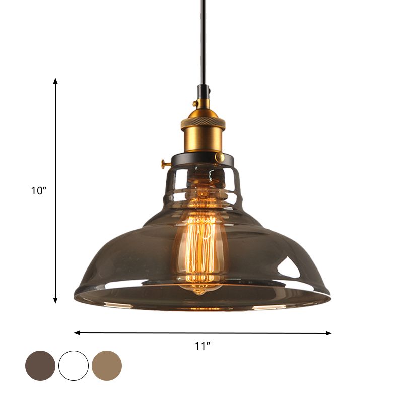 Clear/Smoke Grey Glass Barn Pendant Lamp Country Style 1 Head Dining Room Hanging Light in Brass and Black
