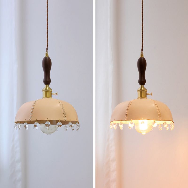 Leather Bowl Shape Hanging Lights Modern Style 1 Head Hanging Mount Fixture with Crystal