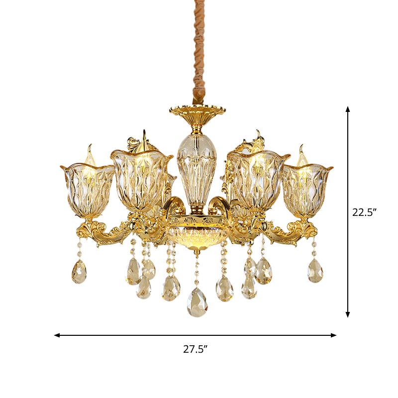 Champagne 6/8 Heads Chandelier Modernism Amber Crystal Flower Hanging Light Fixture with Carved Arm