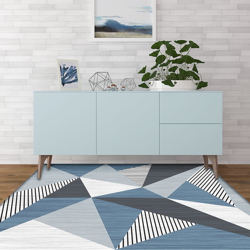 Blue and Grey Modernist Rug Polyester Geometric and Striped Pattern Rug Pet Friendly Washable Anti-Slip Backing Carpet for Living Room