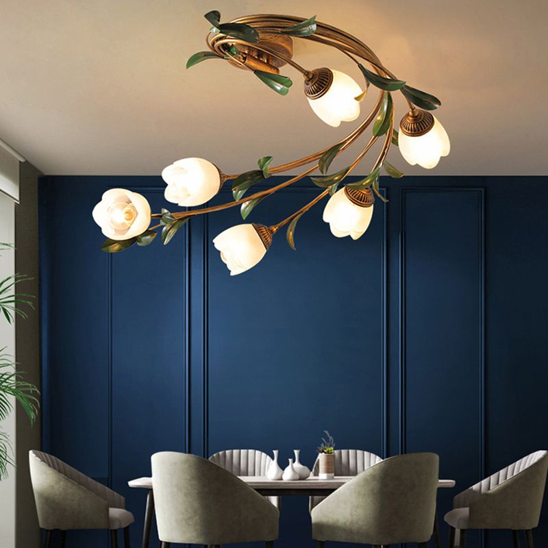 American Style Ceiling Light Flower Shape Ceiling Lamp with Glass Shade for Living Room