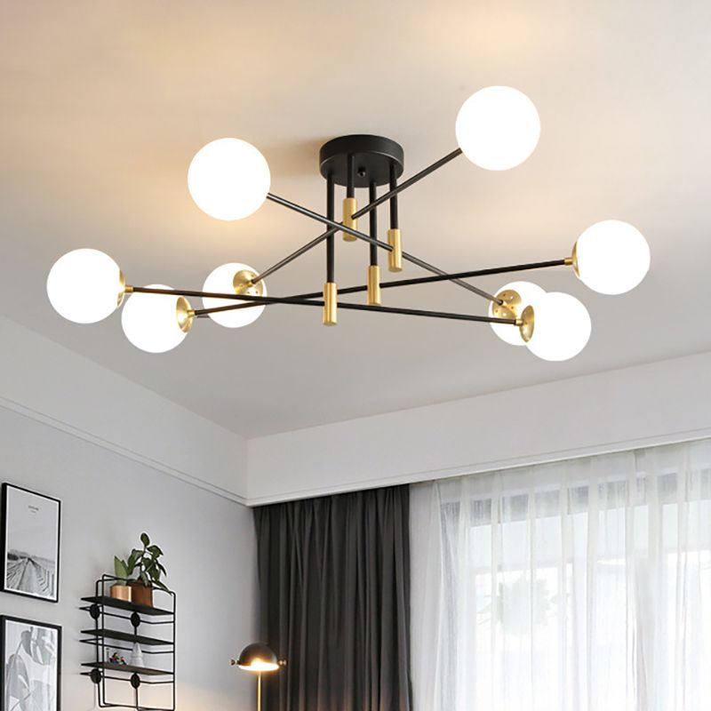 Sphère en verre crème semi-encastré moderniste 4/6/8 lumières noir luminaire semi-encastré avec bras linéaire