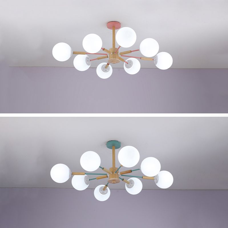 Modern Wood Chandelier Light Fixtures Globe Multi-Head Suspension Lamps for Living Room