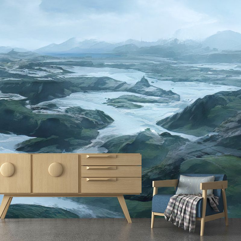 Mountain Landscape Illustration Mural Wallpaper Water-Resistant Wall Art for Sitting Room