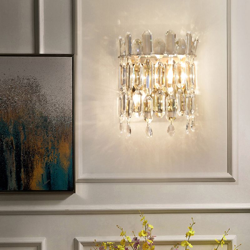 Minimalist Crown-Like Wall Light Fixture Clear Crystal Rod 2-Bulb Bedroom Wall Light Sconce