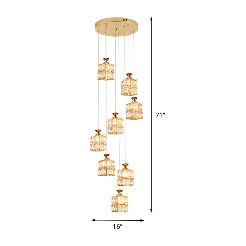 Gold Cube Suspension Lamp Contemporary Crystal 8-Bulb Stair Multi Pendant Chandelier