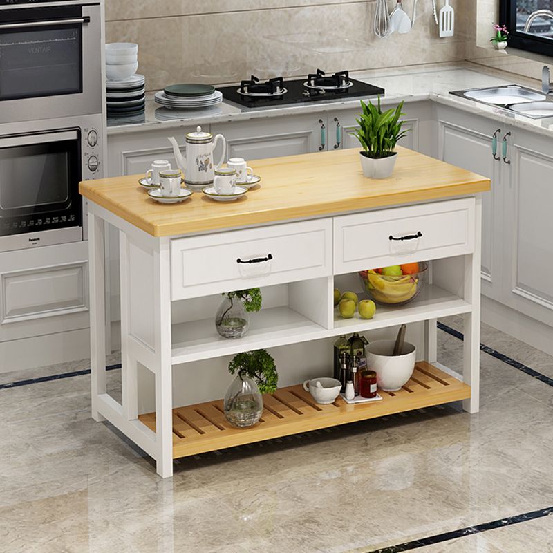 Natural Finish Pine Wood Kitchen Island Table for Dining Room