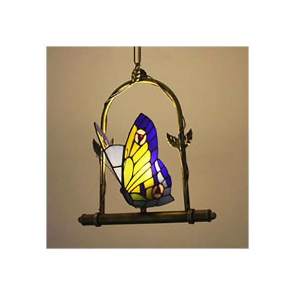 Stainless Glass Butterfly Pendant Light Tiffany Style 1 Light Warm Brass Suspension Lighting for Balcony
