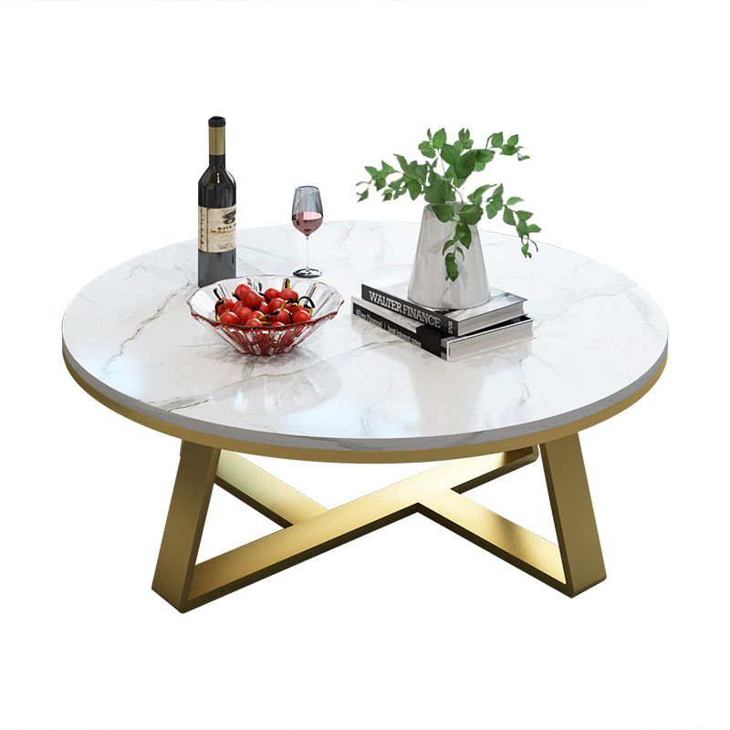 Modern Round Marble Coffee Table Metal Cross Legs Coffee Table