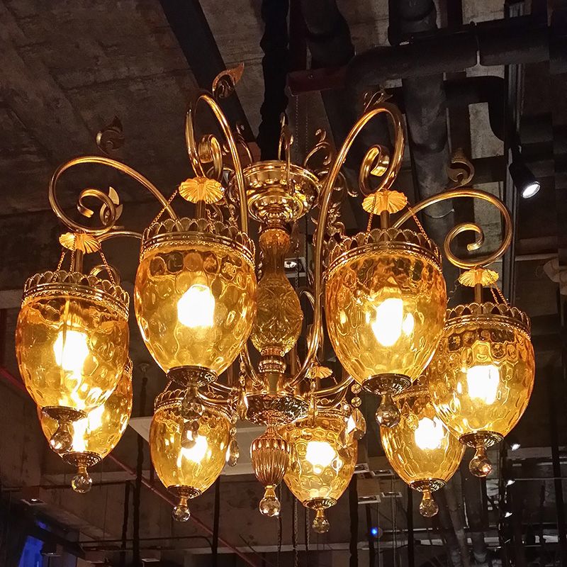 8 Bulbs Urn Pendant Chandelier Traditional Gold Dimpled Glass Hanging Ceiling Light for Restaurant