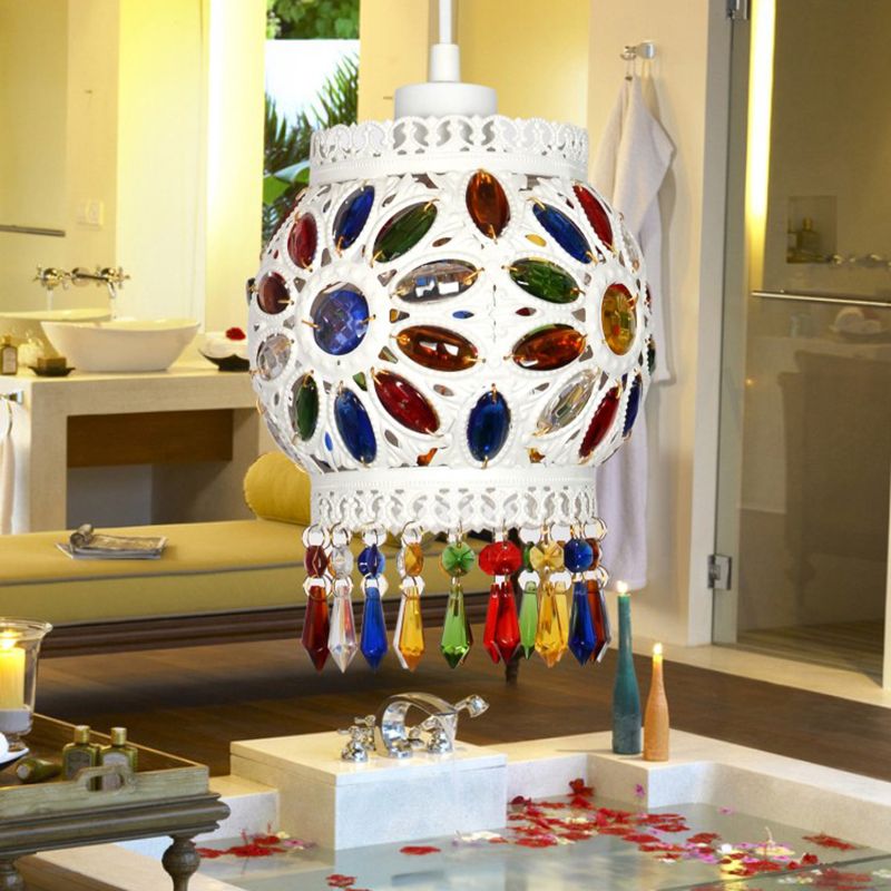 1 Light Pendant Ceiling Light Vintage Ball Metal Hanging Lamp in White for Bathroom