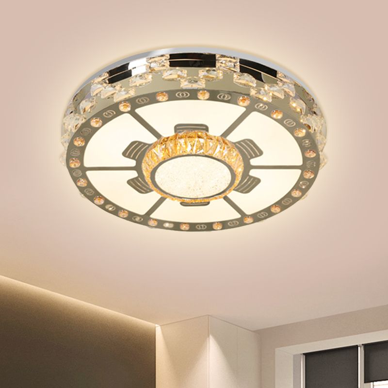 LED Round Ceiling Mount Modern Stainless-Steel Clear Beveled Crystal Blocks Flush Light Fixture