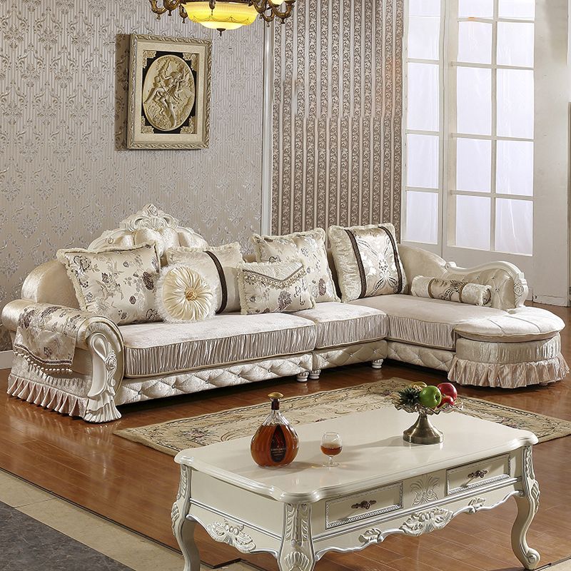 Traditional Wooden 4-Seater Sofa Chaise Flared Arm Sofa with Pillows