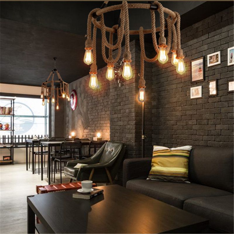 Araña de cáñamo de estilo industrial múltiples luces múltiples accesorio de iluminación de diseño de bomba abierta vintage
