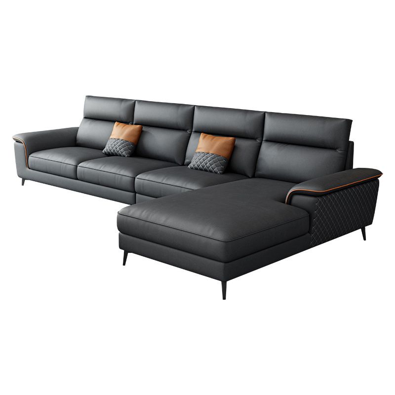 Modern Pillowed Back Faux Leather Sectionals,4-Cushion Sectional sofa, , Dark Grey