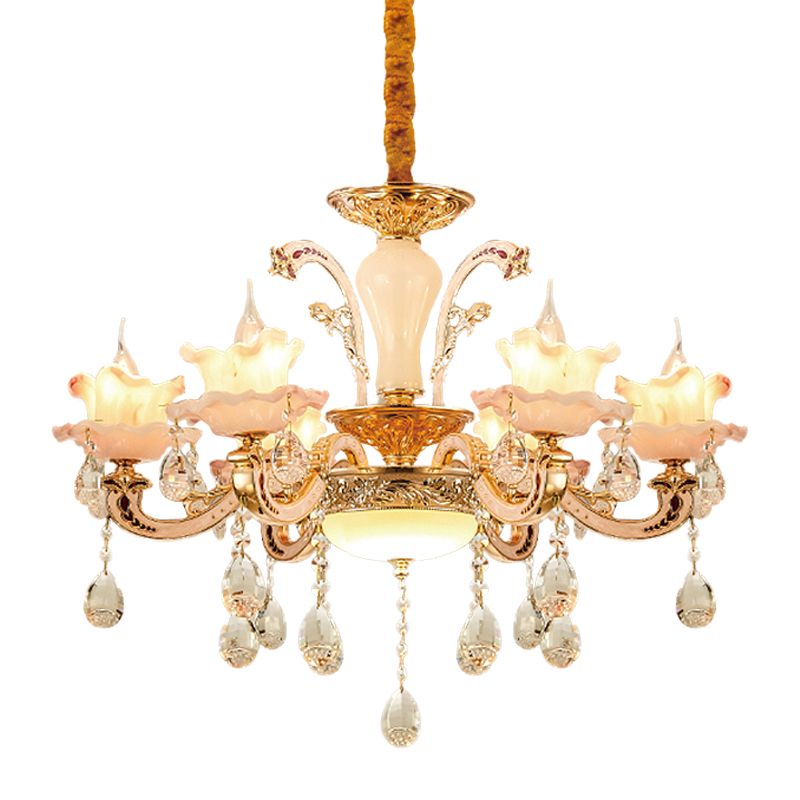Frosted Glass Ruffle Chandelier Mid Century 6-Light Dining Room Pendant Ceiling Light in Rose Gold