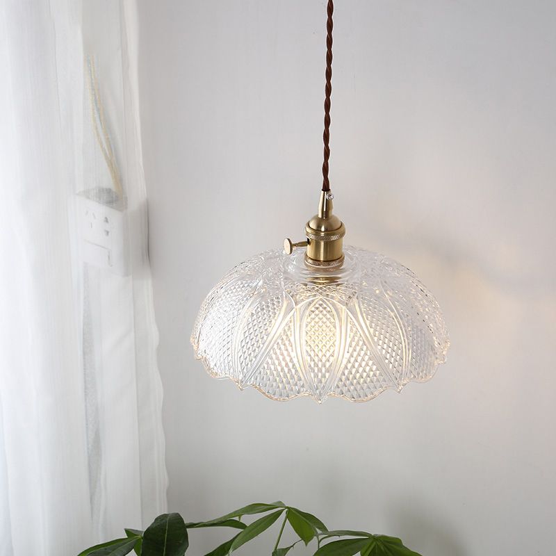 Brass 1 Light Pendant Lighting Modern Etched Prismatic Glass Dome Hanging Lamp for Living Room