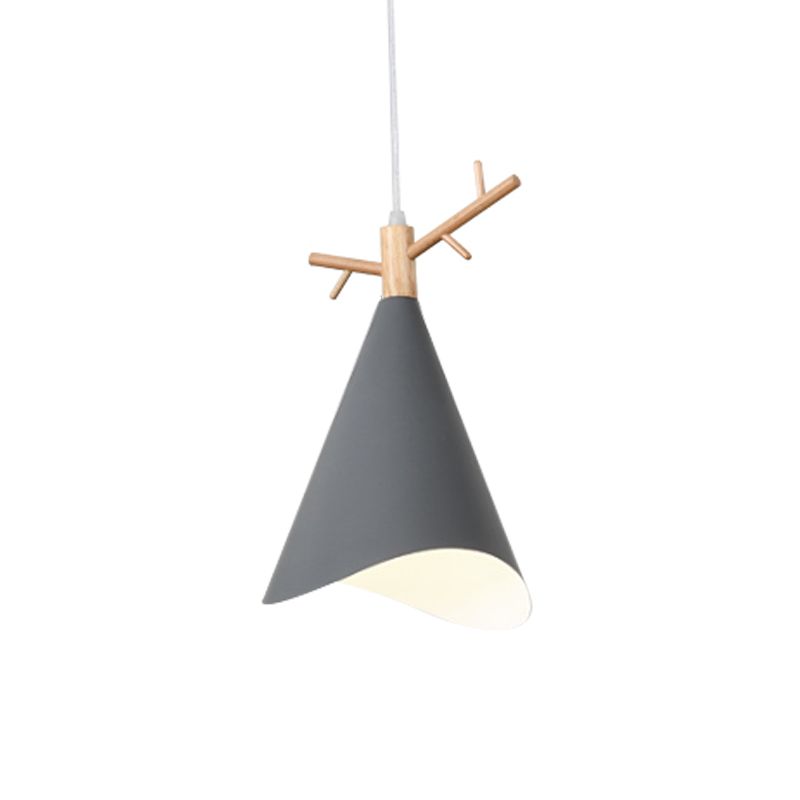 Iron Waveform-Edge Conic Ceiling Light Nordic 1 Head Green/Grey/White Hanging Pendant with Wood Antler Top