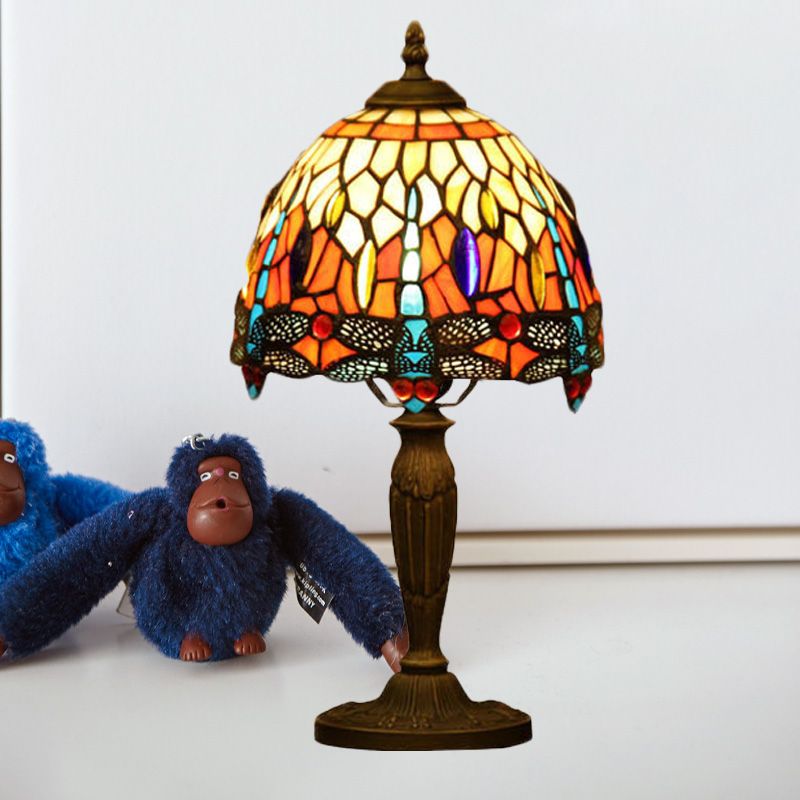 1-Light Bowl Night Lamp Mediterranean Orange/Blue/Green Cut Glass Dragonfly Patterned Desk Lighting for Coffee Shop